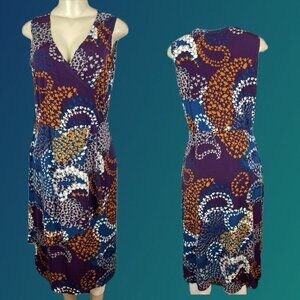 Carolyn Strauss M Purple Abstract Print Faux Wrap Sleeveless Below Knee Dress